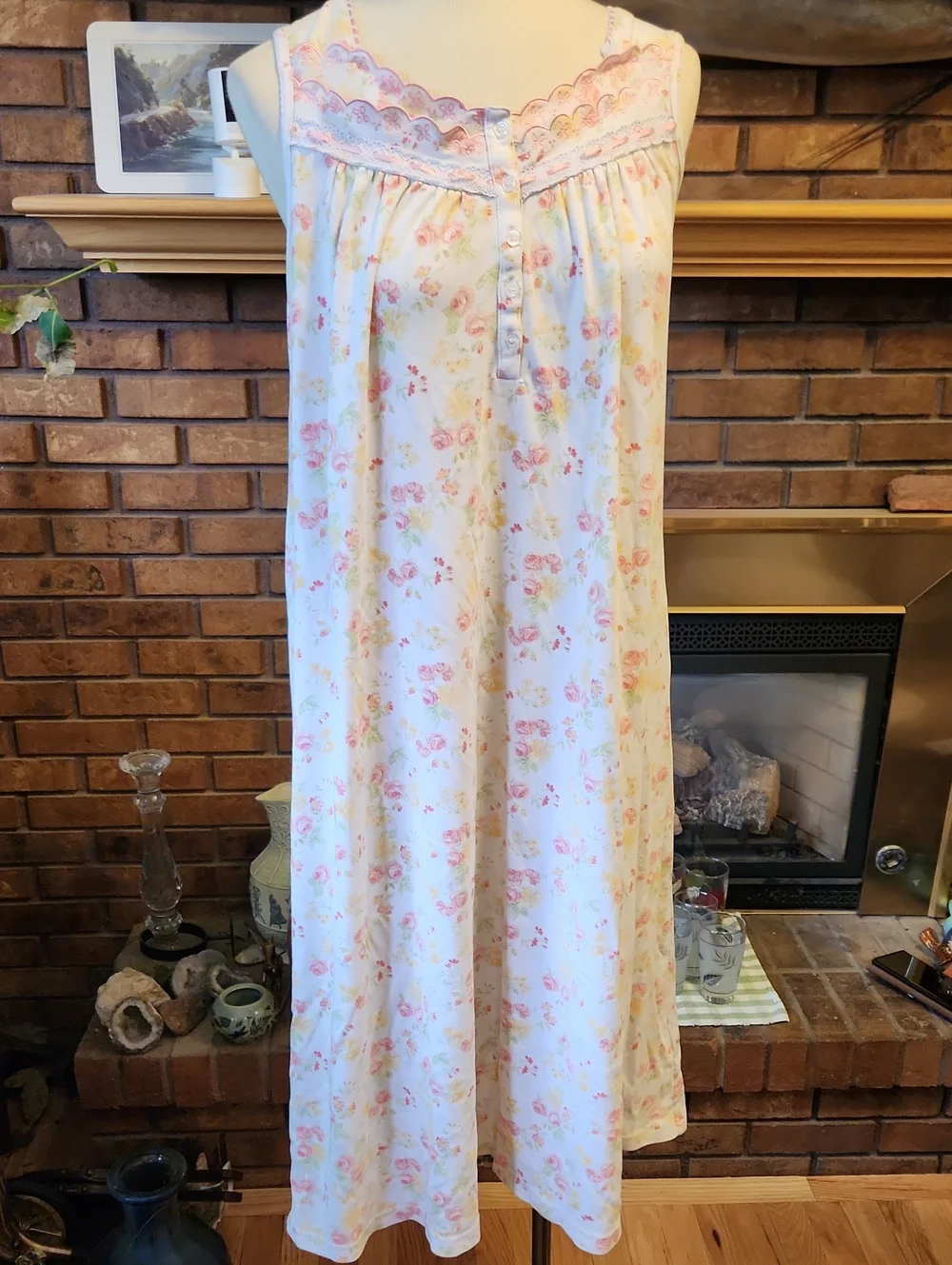 Pink Yellow Floral Nightgown Lace Ribbon Trim Vintage Soft Cottagecore Granny - Picture 1 of 13